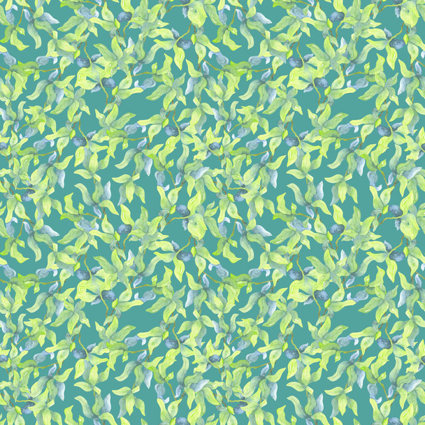 A pattern of intertwining green pomegranate leaves. Watercolor botanical illustration. Sunny branches on a blue-green background. - Photo, Image