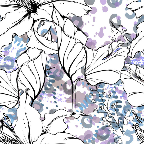 Floral Black and White Seamless Pattern. Modern Artistic Watercolor Print. Fashion Outline Flowers Surface. Botanic Vector Motif on Ink Stains Texture. Drawing Abstract Leaf. Trend Tropic Background. - ベクター画像