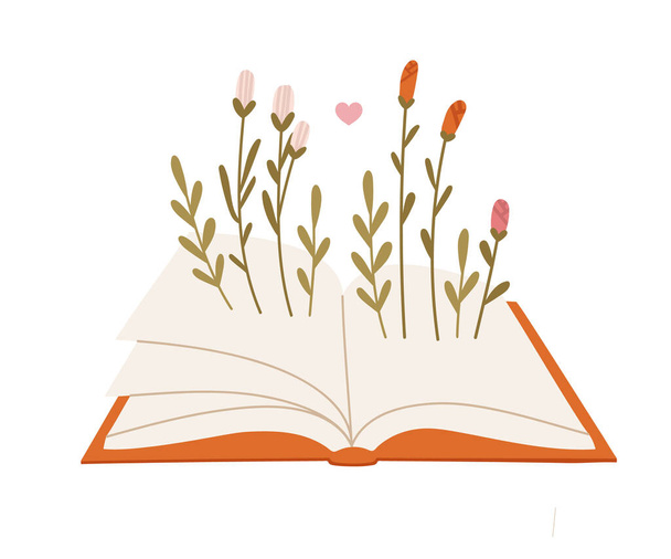 Vektorová ilustrace otevřené knihy s květinami a srdcem. Ilustrace věnovaná dni milovníků knih, 9. srpna. Koncept čtení růstu, podpora čtení. Ručně kreslené. - Vektor, obrázek