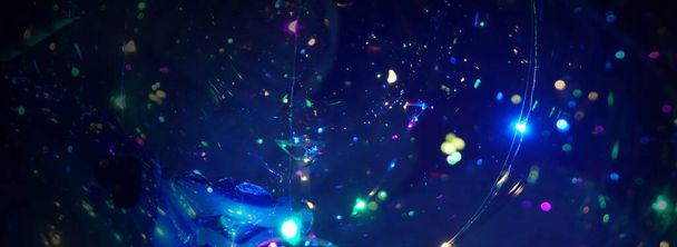 Vintage Glitter Lights Wide Background Or Wallpaper. Abstract Web Banner Of Colorful Circles And Spark Of LED Light. Neon Color Lights Background. - Photo, Image