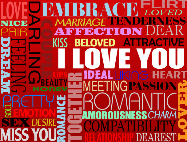 Ilustração colorida abstrata com várias palavras de amor escritas em diferentes cores e estilos
 - Vetor, Imagem