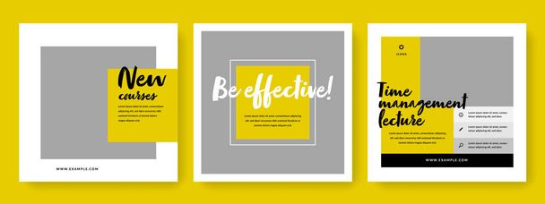 Diseños modernos de redes sociales editables con acento negro y amarillo, plantillas de ideas de gestión de tiempo para instagram y facebook - Vector, Imagen
