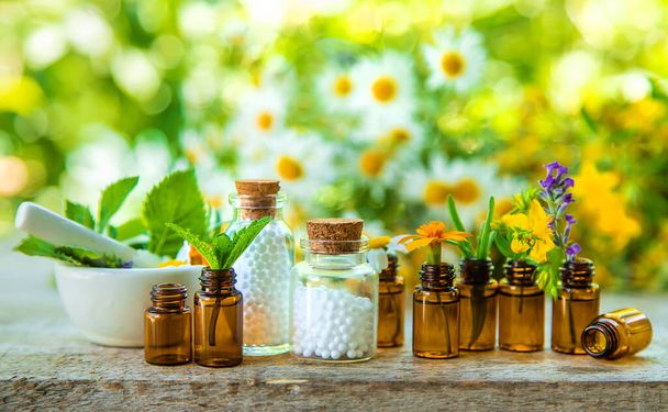 Essential oils and herbal extracts in small bottles. Selective focus. nature. - Foto, Bild