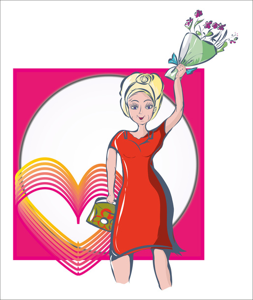 Mujer en vestido brillante con bolso y flores en sus manos
 - Vector, imagen