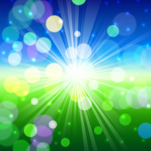 Green natural background with summer sun and lens flare - Vector, Image