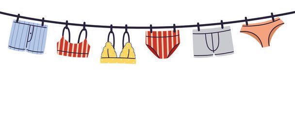 Hanging man and woman lingerie, underwear and swimwear flat style hand drawn vector illustration isolated on white background. - Vektor, kép