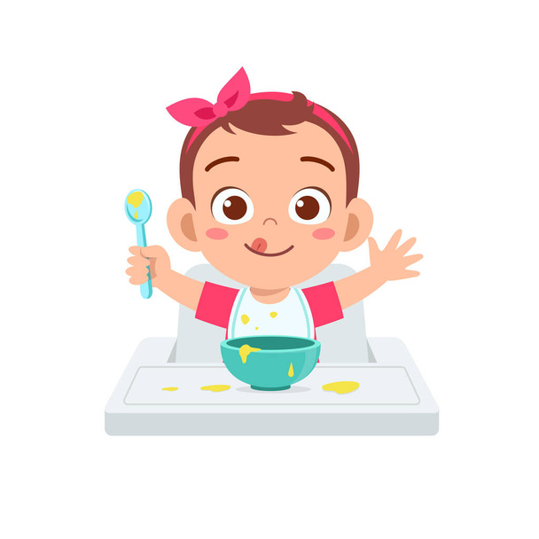 cute little baby girl eat porridge in bowl with spoon - Vektor, Bild