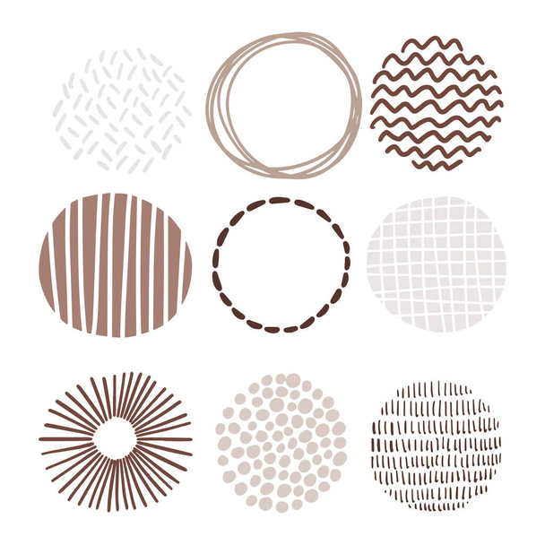 Hand drawn round decor set. Bullet journal web visual note sketch elements. Isolated graphic vector object set. Brown beige neutral color palette. - Vektori, kuva