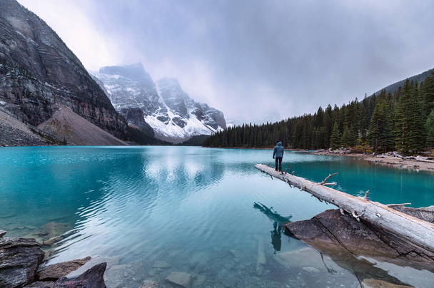 Man traveler standing on timber with Rocky Mountains on gloomy in Moraine Lake at Banff National Park, Canada - Photo, Image