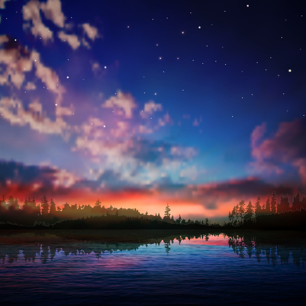 森湖と抽象的な夜自然の背景 - ベクター画像
