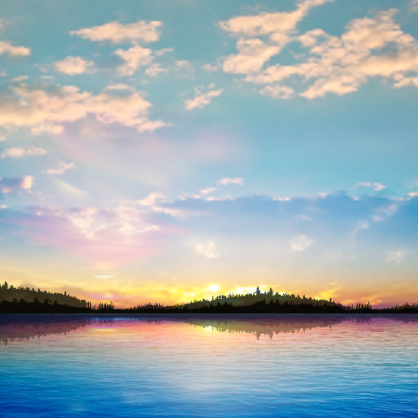 abstract sunset background with forest lake - Vector, Image