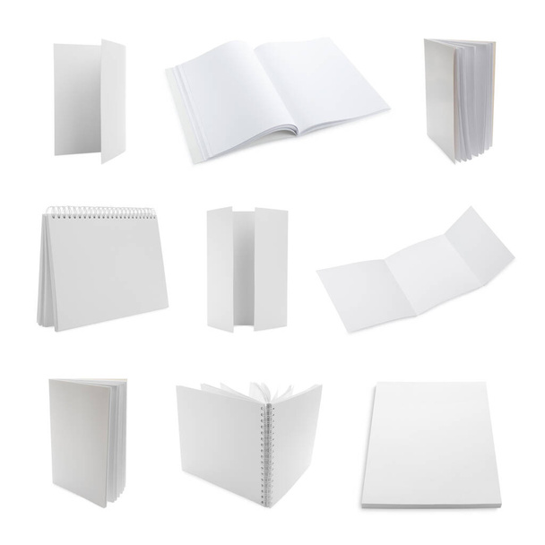 Set with blank paper brochures on white background. Mockup for design - Фото, изображение