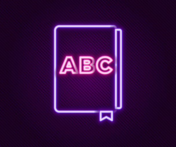Светящийся неоновая линия ABC книги значок изолирован на черном фоне. Знак словаря. Иконка алфавитной книги. Красочная концепция контура. Вектор - Вектор,изображение