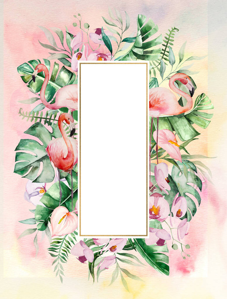 Watercolor pink flamingo, tropical leaves and flowers frame illustration with watercolor background. Wedding invitations,  stationary, greetings, fashion, posters - Valokuva, kuva