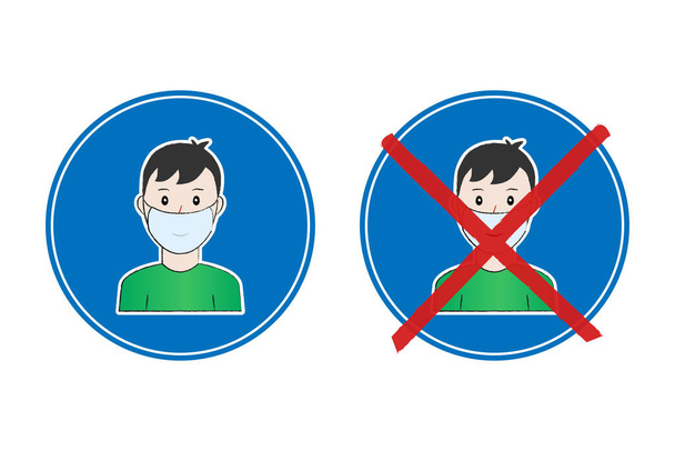 Face mask required und no mask required blue round signs. The man wears a mask, through which faintly shines a smile. The second sign is crossed out with red lines. No mask needed. The mask is not necessary. - Vector, Image