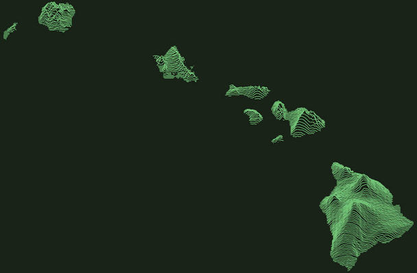 Mapa táctico de radar militar topográfico del Estado Federal de Hawái, EE.UU. con líneas de contorno verde esmeralda sobre fondo verde oscuro - Vector, Imagen