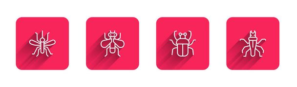Set line Mosquito, Insect fly, Stink bug and Termite with long shadow. Red square button. Vector - Vector, afbeelding