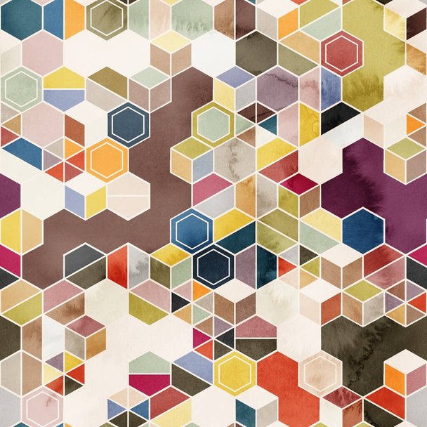 Απρόσκοπτη μοτίβο εξάγωνων σε τυχαία χρώματα σε ακουαρέλα - Φωτογραφία, εικόνα