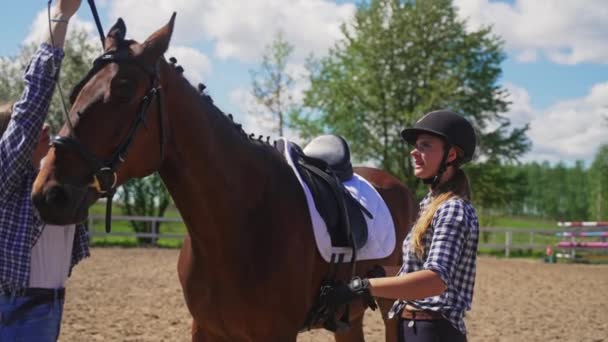 Dos niñas de pie cerca de un caballo marrón ensillando el semental para la competencia - Metraje, vídeo