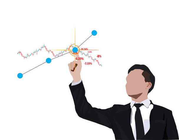 Векторная иллюстрация концепции делового и финансового фондового рынка, молодой бизнесмен нажимает кнопку на виртуальном фоне - Вектор,изображение
