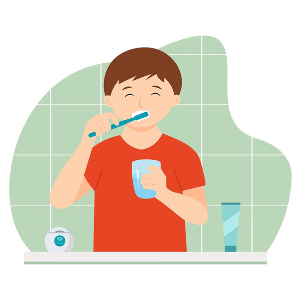 Ragazzo lavarsi i denti con dentifricio in bagno. Un ragazzo carino si pulisce i denti. Illustrazione vettoriale. - Vettoriali, immagini