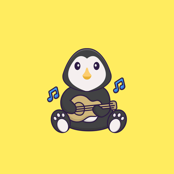 Милый пингвин играет на гитаре. Анимальная концепция мультфильма изолирована. Может использоваться для футболки, поздравительной открытки, пригласительного билета или талисмана. - Вектор,изображение