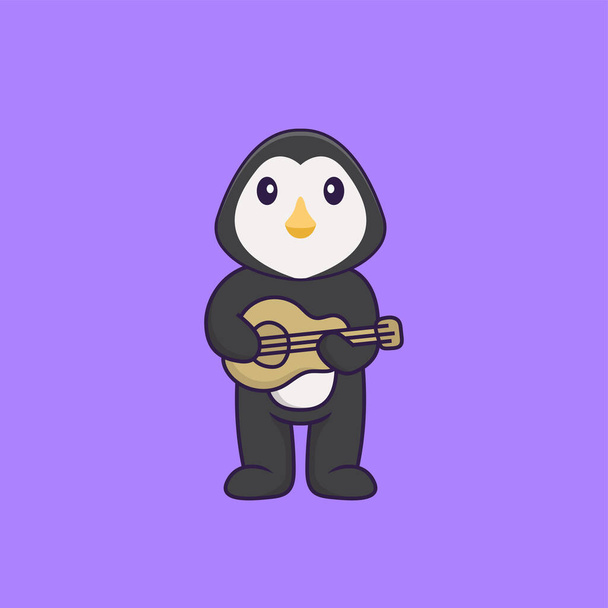 Pinguino carino che suona la chitarra. Animale concetto cartone animato isolato. Può essere utilizzato per t-shirt, biglietto di auguri, biglietto d'invito o mascotte. - Vettoriali, immagini