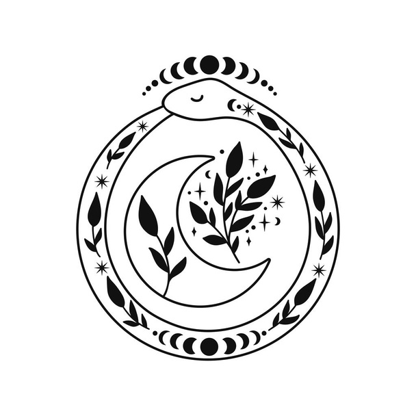 Ouroboros with half moon and floral branches. - Vector, Image