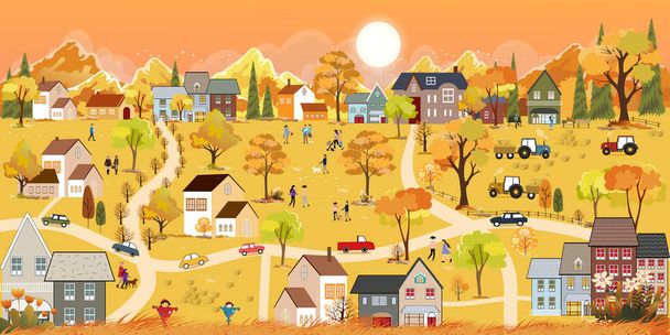 Autumn landscape in city with happy people walking at the park,Vector illustration cartoon Fall season in the town with orange foliage,Peaceful panorama natural in minimalist style Natural in the city - Vector, Image