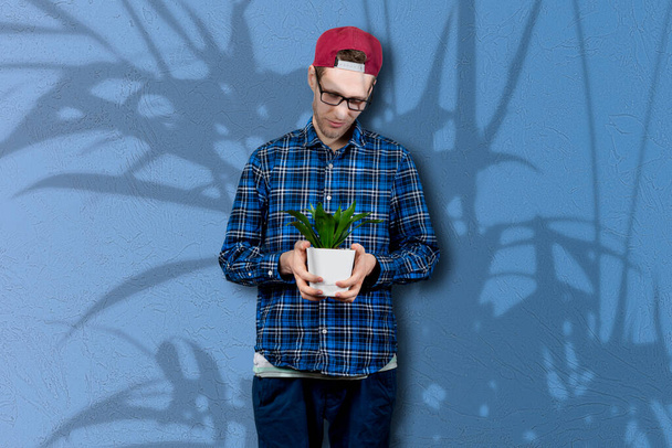 osoba, která drží domácí rostlina v hrnci, péče o životní prostředí koncept, kopírovat prostor - Fotografie, Obrázek