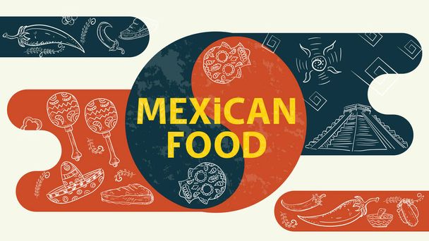 Esbozo de ilustración para el diseño del signo de equilibrio con la inscripción comida mexicana, calaveras pintadas, pirámide de chiles picantes indios - Vector, Imagen
