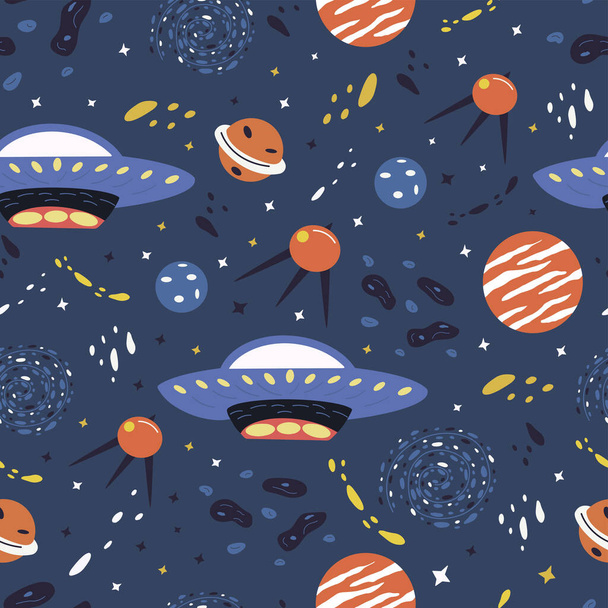 Seamless pattern with elements of the universe. Planets, stars and the milky way, flying saucer, ufo. Colorful vector illustration hand drawn. Print or packaging, textile or card - Vector, Image