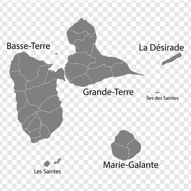 空の地図グアドループを灰色で表示します。すべての島の地図はタイトルが付いています。あなたのデザインのための透明な背景に地区とグアドループの高品質の地図。カリブ海だ。フランスだ。EPS10. - ベクター画像