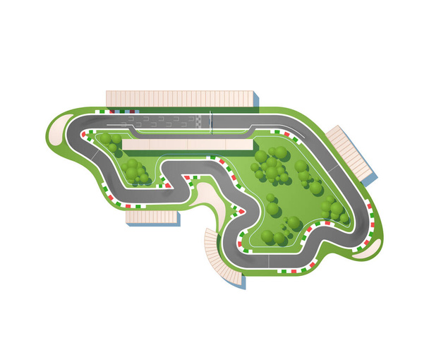 The race circuit from a top view is isolated on a white background. The racing track is including a pit lane, grandstands, boxes, trees, and gravel safety zones. - Wektor, obraz