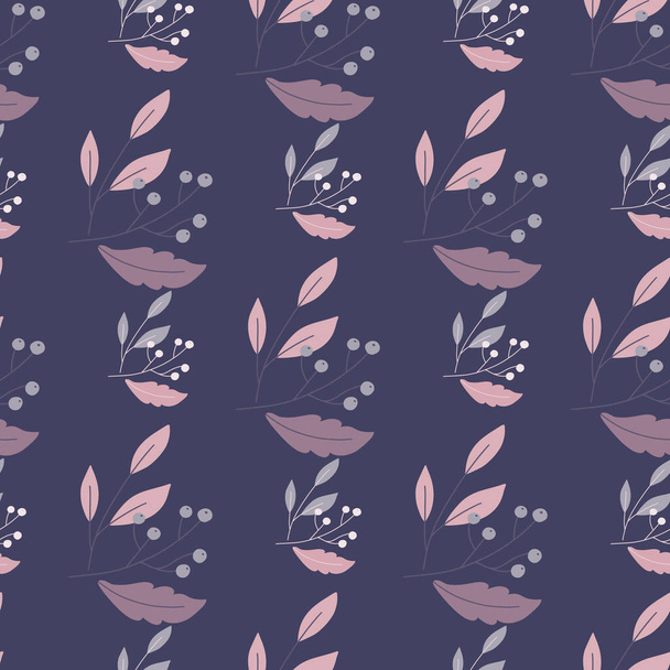 Vaaleanpunaisia ja violetteja marjoja ja lehtiä saumaton doodle kuvio. Laivaston sininen tausta. Villin metsän tausta. Suuri kankaan suunnittelu, tekstiili tulostaa, kääre, kansi. Vektoriesimerkki. - Vektori, kuva