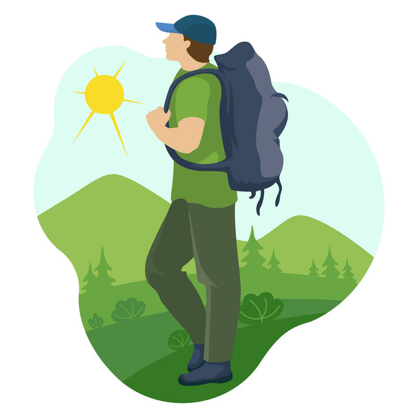 Il turista viaggia attraverso le montagne in una luminosa giornata di sole. Illustrazione vettoriale su sfondo bianco. - Vettoriali, immagini