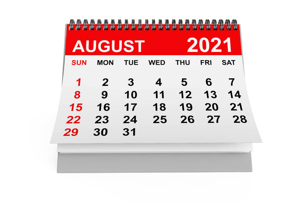2021 Έτος Αύγουστος Ημερολόγιο σε λευκό φόντο. 3d απόδοση - Φωτογραφία, εικόνα