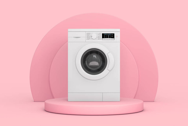 White Mockup Modern Washing Machine over Pink Cylinders Products Stage Pedestal on a pink background. 3d Rendering - Photo, Image