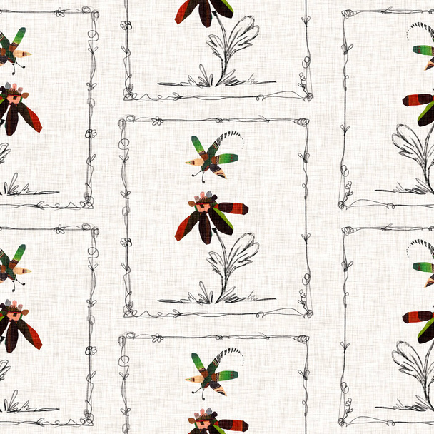 Paper collage whimsical floral linen pattern. Hand cut naive seamless scandi style. Modern gender neutral farmhouse flower motif. Modern stylized nature textile home decor.  - Φωτογραφία, εικόνα