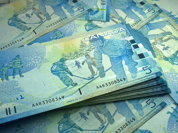 Kanada pénze. Kanadai dollárosok. CAD bankjegyek. 5 dollár. Üzleti, pénzügyi, hírek háttere. - Fotó, kép