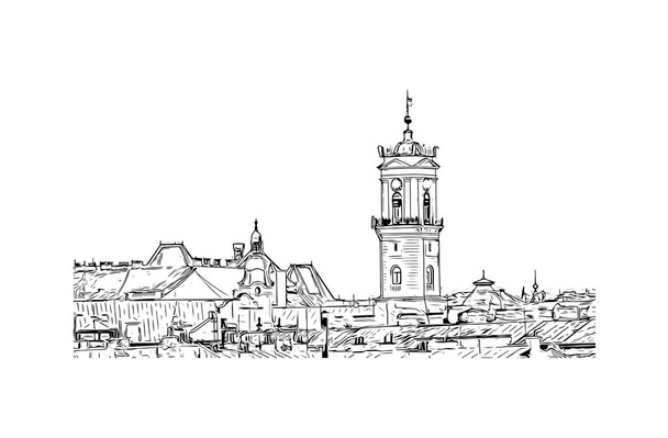 Print  Building view with landmark of Chernivtsi is a city in western Ukraine. Hand drawn sketch illustration in vector. - Vector, Image