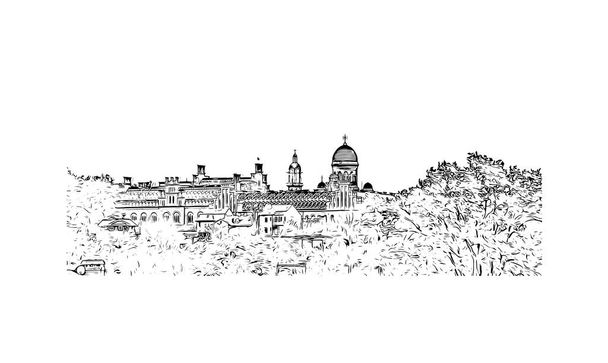 Print  Building view with landmark of Chernivtsi is a city in western Ukraine. Hand drawn sketch illustration in vector. - Vector, Image