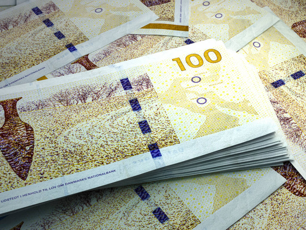 Money of Denmark. Danish krone bills. DKK banknotes. 100 kroner. Business, finance, news background. - Photo, Image