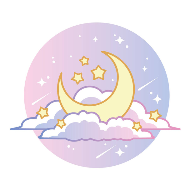 Симпатичная векторная иллюстрация луны с облаками и звездами в звездную ночь - Вектор,изображение