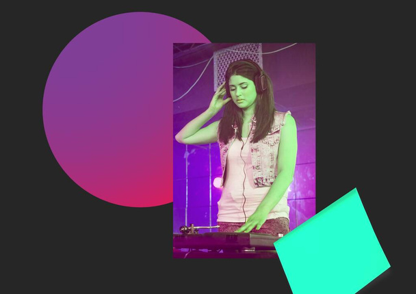 Female dj on colorful gradient abstract shapes against black background. disco and night life concept - Photo, Image