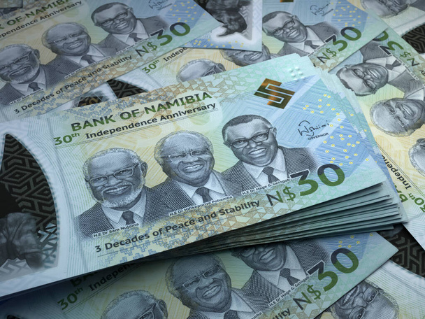 Namíbia pénze. Namíbiai dollár. NAD bankjegyek. 30 dollár. Üzleti, pénzügyi, hírek háttere. - Fotó, kép