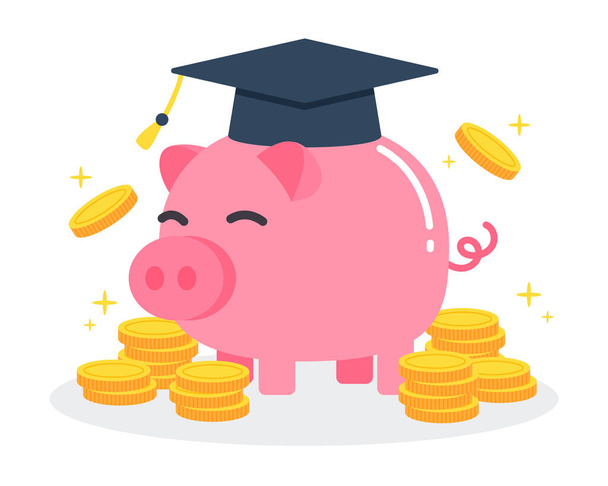 Happy piggy bank with graduation cap and stacks or piles of golden money coins. Creative financial concept of savings for education. Trendy cute cartoon vector illustration. Flat style graphic icon. - Vektor, obrázek