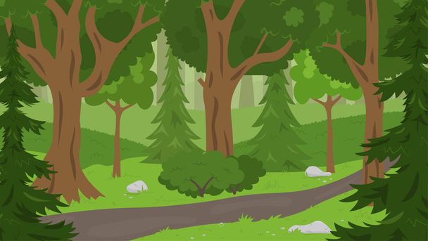Sommerwald Hintergrund mit Bäumen, Tannen und Sträuchern. Konzeptvektorillustration. Perfekt für Hintergrund, Tapete, Poster oder Banner. - Vektor, Bild