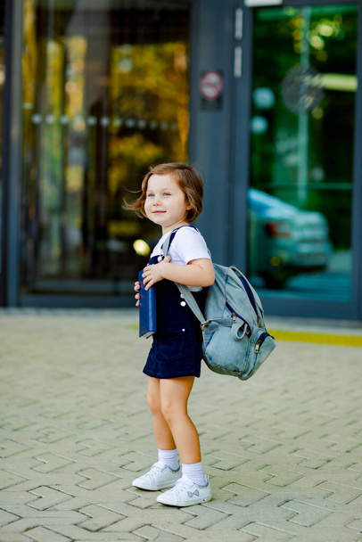 a beautiful Caucasian girl, a schoolgirl, is standing near the school, with a backpack and holding a diary in her hands - Fotoğraf, Görsel