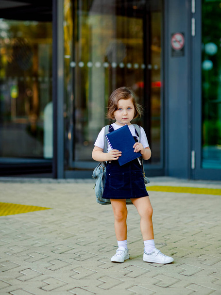 a beautiful Caucasian girl, a schoolgirl, is standing near the school, with a backpack and holding a diary in her hands - Photo, image